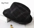 Close-up of a men's trilby hat featuring a large black plaid wool pattern and decorative band - One Size 58cm / Large Black Plaid