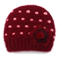 Winter chunky knit beanie in dark red with pink polka dots and side crochet flower detail - One Size / Burgundy