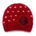 Berretto in maglia rossa a pois rosa con grande fiore decorativo per l'inverno - Taglia unica / Rosso