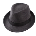 Detailed view of dark grey flannel fedora hat with black grosgrain ribbon and stitched brim - One Size 58cm / Solid Grey