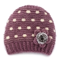 Berretto invernale in maglia viola scuro per donna con pois bianchi e decorazione floreale - Taglia unica / Rosa Antico