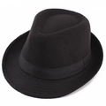 Classic black wool fedora hat with decorative ribbon shown from a 45-degree side angle - One Size 58cm / Solid Black