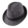 Close-up of grey herringbone fedora hat with fine orange plaid and black ribbon trim - One Size 58cm / Herringbone Large Grid Light Grey