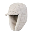 Detail of tweed shell with gold thread and thick faux rabbit fur lining on winter hat - Leifeng Hat Beige