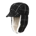 Detail of winter trapper hat with black-white plaid pattern and thick faux fur lining - Leifeng Hat Black