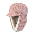 Pink and cream tweed winter hat featuring plush faux fur lining and earflaps - Leifeng Hat Pink