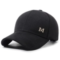 Winter black wool baseball cap for men with long brim and silver metal M logo ornament - Adjustable / M Logo Style / Black