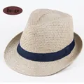 Cappello fedora classico in paglia beige con nastro blu scuro per protezione solare - Taglia unica / Beige