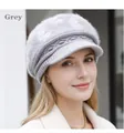 Detail of grey knitted beret with white floral pattern and premium mohair fur texture - Grey (Leaf Flower)