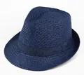 Navy blue straw fedora hat with matching ribbon, breathable summer sun protection style - One Size / Navy Blue
