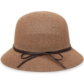 Women's woven straw sun hat with round crown and brown leather bow decoration - One Size 58cm / Khaki
