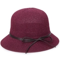 Burgundy knitted bucket hat with a dark brown leather bow ribbon on a white background - One Size 58cm / Purplish Red