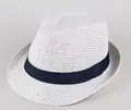 Breathable white straw fedora sun hat with navy blue ribbon trim for men and women - One Size / White