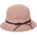 Women's pink knit dome sun hat with brown bow tie accent on plain white background - One Size 58cm / Pink