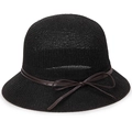 Women's black woven sun hat with a brown leather bow band and chic flat top design - One Size 58cm / Black