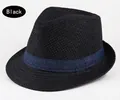 Detail of black straw fedora hat featuring dense weave and navy blue ribbon band - One Size / Black
