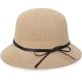Detail of knitted beige straw sun hat featuring a dome shape and brown ribbon bow tie - One Size 58cm / Beige