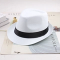 Classic white woven Panama hat for men featuring a stylish black ribbon band - White