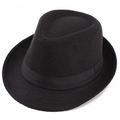 Close-up of black wool fedora hat with elegant ribbon band and classic curled brim detail - One Size 58cm / Solid Black