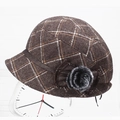 Fashionable dark brown plaid beret hat with pompom detail and warm wool blend fabric - M (56-58cm) / Khaki
