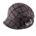 Winter cloche hat with dark grey plaid wool pattern and brown ribbon bow decoration - M (56-58cm) / Gray