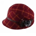 Women's dark red plaid newsboy cap featuring a decorative bow and soft faux fur pompom - M (56-58cm) / Wine Red