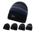 Winter striped beanie hat in blue and grey with fleece lining and sport logo label - One Size / High Elasticity / Black Gray Wide Striped