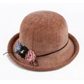 Detail of brown knitted cloche hat featuring rolled brim and three small colorful floral accents - Elastic 57-58cm / Three Small Flowers Brown