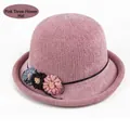 Detail of pink knitted hat with three 3D floral accents and woven texture - Elastic 57-58cm / Pink with Three Flowers