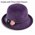 Winter purple knitted cloche hat with textured fabric and three colorful floral accents - Elastic 57-58cm / Three Small Flowers Purple