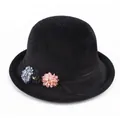 Women's black knit bucket hat with three 3D floral accents in a stylish round shape - Elastic 57-58cm / Three Small Flowers Black