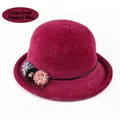Elegant women's winter knit cloche hat in deep rose red with decorative fabric flowers - Elastic 57-58cm / Three Small Flowers Red