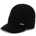 Bonnet en tricot noir épais pour hommes avec visière et emblème métallique sport - Élastique 56-60cm / Noir