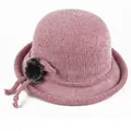 Detailed texture of pink knit basin hat featuring a fluffy pompom and lace-up accent - Elastic 57-58cm / Lace-up Pink