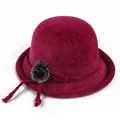 Close-up of wine red knitted bucket hat with vertical texture and grey pompom detail - Elastic 57-58cm / Lace-up Red