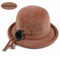 Detail of brown corduroy bucket hat with braided rope and faux fur pompom decoration - Elastic 57-58cm / Lace-up Brown