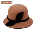 Classic camel wool felt cloche hat with elegant black bow for women autumn fashion - One Size 57cm / Camel