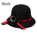 Classic black wool cloche hat for women featuring bicolored trim and flower detail - 57cm / Black