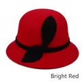 Elegant red wool cloche hat for women with a vintage round top and black bow decoration - One Size 57cm / Red