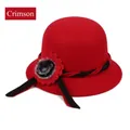 Elegant red wool felt bowler hat for women with floral ribbon trim for autumn and winter - 57cm / Red