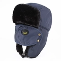 Detail of winter trapper hat showing waterproof nylon fabric and warm faux fur lining - One Size / Blue With Black Fur (With Breathing Valve)