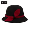 Black wool felt cloche hat for women with deep red ribbon bow decoration - One Size 57cm / Black