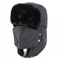 Close-up of winter trapper hat with detachable mask and integrated air breathing valve - One Size / Black With Black Fur (With Breathing Valve)