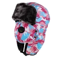 Detailed view of camouflage winter trapper hat with fleece lining and integrated face mask - One Size 58cm / Pink Camouflage