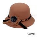 Classic camel wool cloche hat for women with flower detail and faux fur pom pom decoration - 57cm / Camel