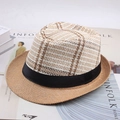 Detailed close-up of summer straw fedora featuring a vintage plaid weave and black ribbon - One Size 58cm / Large Lattice Dark Beige