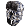 Detail of winter trapper hat with camo pattern, ear flaps, and matching face mask - One Size 58cm / Blue Grey Camouflage