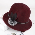 Detail of burgundy faux mink fur hat with leaf applique and decorative silver chain - Medium (57-58cm) / Wine Red With Pom Pom And Leaf Decoration