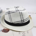 Straw fedora hat in cream white with black plaid pattern and ribbon trim - One Size 58cm / Large Lattice Off-White