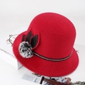 Detail of red faux mink wool hat with knit band and decorative fur pompom - Medium (57-58cm) / Red With Pom Pom And Leaf Decoration